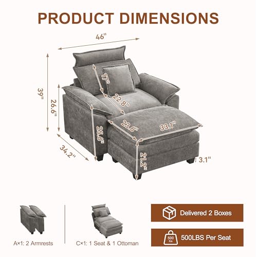 46'' Oversized Chaise Lounge with Ottoman, Cloud Deep Seat Accent Sofa Chair with Detachable Headrest, Double Thicked Cushion Lounge Armchair for Living Room, Bedroom, Light Grey - color: Light Grey, size: Chaise Lounge Chair