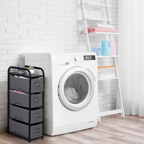 MAX Houser 4 Drawer Narrow Dresser Fabric Storage Tower Vertical Slim Storage Chest Organizer Nightstand Side/End Table Small Standing Organizer Removable Drawers Wood Top for Bedroom, Bathroom(Grey - color: Grey2