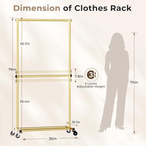 Double Rod Clothes Rack, 35" Wide Hanging Rack for Clothes, Portable Clothing Racks for Hanging Clothes, Rolling Garment Racks with Wheels for Bedroom Closet, Gold - color: Gold