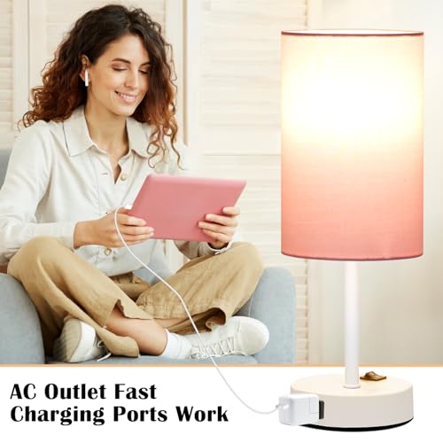 ZJOJO Table Lamp for Bedroom Set of 2, Bedside Small Lamps with 3 Way Dimmable Rocker Switch and AC Outlet, Nightstand Desk Lamp with Pink Fabric Shade White Base for Living Room Home Decor Lights | 3 Way Dimmable,Rocker Switch,Pink Fabric Shade,White Bas