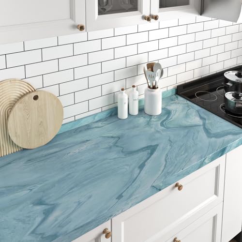 FunStick Thick Blue Liquid Marble Contact Paper for Countertops Waterproof Blue Marble Wallpaper Peel and Stick Countertops for Kitchen Bathroom Removable Marble Wall Paper for Cabinets Desk 15.8"x80" - size: 15.8" x 78.8"