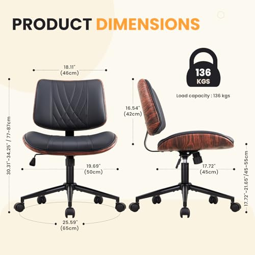 IWMH Armless Desk Chair Home Office Chair with Wheels Walnut PU Retro Chair | Ergonomic Swivel Computer Chair no Arms Mid-Century Adjustable Height Rolling Task Chair for Study Work Small Space Black