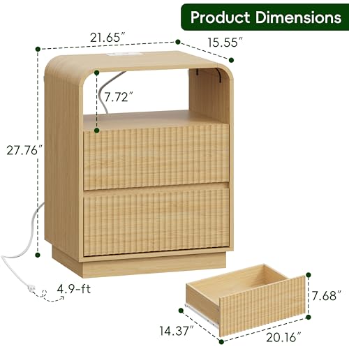 Natural Oak Nightstands Set of 2 with Charging Station, Mid Century Modern End Tables & Bedside Tables, Fluted Wood Small Night Stands with 2 Hidden Drawers and Storage Shelf for Bedroom - color: Natural Oak, style: 2 Drawers-2 PCS