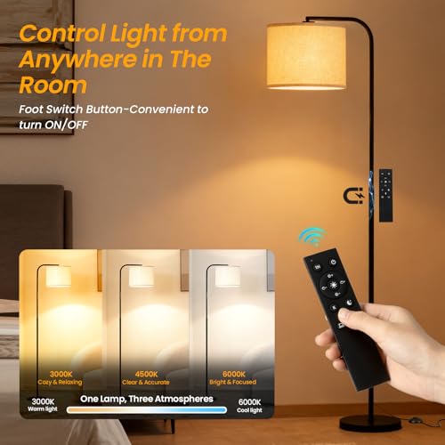 Arc Floor Lamp with Remote and Dimmable Black Floor lamps for Living Room | Modern Tall Standing Lamp for Bedroom Corner and Office wiht Adjustable Hanging Drum Shade Over Couch Arched Reading Light - color: Black