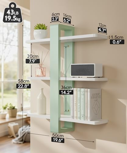 SUMGAR Floating Shelves for Wall Green, 3 Tier Adjustable Large Shelf Unit | 20 Inch All Pine Wood, Decorative Shleving, Plants Photos Display, for Living Room, Bedroom, Office, Bathroom - color: Mint Green&white