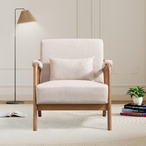IOMOR Mid Century Modern Accent Chair with Solid Wood Frame Linen Fabric, Upholstered Living Room Chairs with Lumbar Cushion Padded Arms, Reading Armchair for Bedroom (1, Warm Beige) - color: Warm Beige