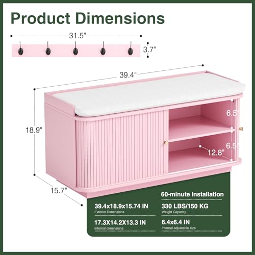 Hall Tree with Bench and Shoe Storage, Entryway Bench with Sliding Door Cabinet, Removable Padded, Metal Wall Hooks and Adjustable Storage Compartments, for Entry, Hallway, Living Room, Pink - color: Pink