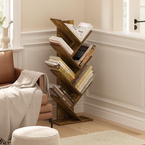 Furinno Tree Book Shelf, 7-Tier Bookshelf with Angled Open Shelf, Tree Bookcase for Room Decor, 8.4 x 15.7 x 39.4, for Organization and Storage, for Living Room, Bedroom, Home Office, Amber Pine - color: Amber Pine, size: 7-Tier Tree Bookcase