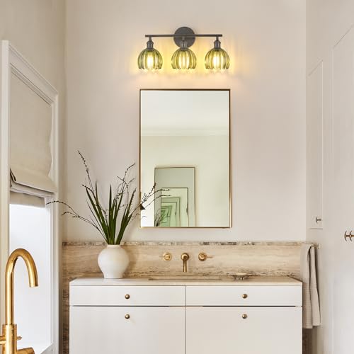 Shenmoyl Bathroom Light Fixtures, 3-Light Black Vanity wall Light Over Mirror with Green Tulip Glass Shade for Bedroom Living Room (Bulb Not Included) - color: Black Base-Green, size: 3-light