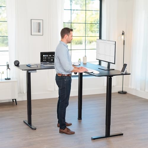 VIVO Black 63 x 55 in Corner Standing Desk, DESK-E3CTB | Electric, Holds 225 lbs, Reversible L-Shaped Table, Sit Stand, Height Adjustable, Memory Presets, Black Frame - color: Black Top / Black Frame, size: 55 x 63