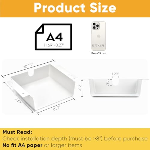 2 Pack Under Desk Hanging Shelf Drawer Organizer, Attachable Plastic Hidden Storage Tray, Easy Adhesive Mount Holder for Standing Tables, Office, Counters, Cabinets, Workstations - White - color: Matte White, size: 2 Pack Large