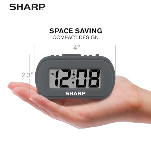 Sharp Battery Alarm Clock, Soft-Touch Case and Backlight, Charcoal Black | Soft-touch rubberized case; Battery operated; Blue backlight on demand; Ascending alarm; Snooze; Easy to use - color: Charcoal Black