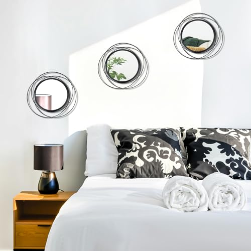 3 Set Round Mirrors for Wall Decor Living Room Bedroom Bathroom Dining Room Metal Circle Mirror Set Boho Decorative Sunburst Wall Art Accent Entryway - Black 9.5 in - color: 3 Set Black Circles, size: 9.5 in