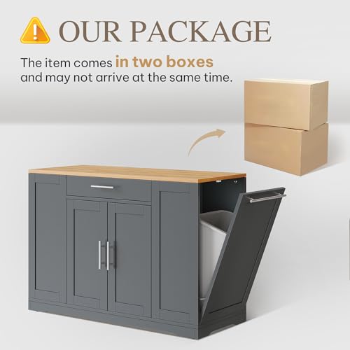 DWVO Large Kitchen Island with Trash Can Cabinet | 53 Inch Kitchen Island on Wheels, Rolling Island with Tilt‑Out Garbage Storage Fits 13 Gallon Bin and Drawer - color: Grey