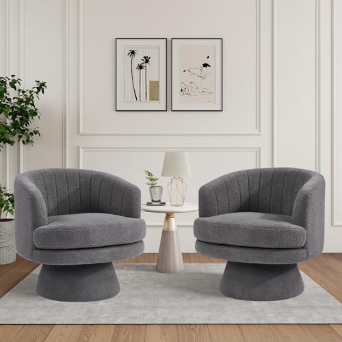 Swivel Accent Chair with Armrest, Modern 360 Degree Swivel Barrel Chair with Curve Back and Soft Cushion,Comfy Round Sherpa Teddy Armchair Single Sofa for Living Room,Bedroom, Dark Grey - color: Dark Grey