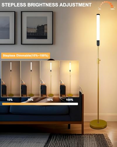 Lightdot 68IN LED Floor Lamp for Living Room, Stepless Dimmable(10-100% Brightness) Modern Standing Tall Lamps with Milky White Cylindrical LampHead,Mid Century Industrial Floor Lamps for Bedroom-Gold - color: Tube-Gold