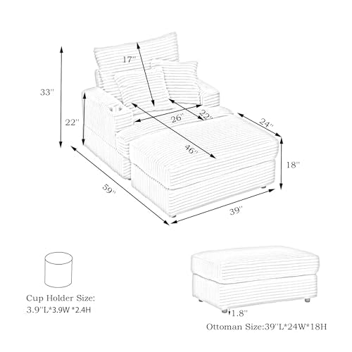 Eafurn 39" Corduroy Modular Accent Chair with Movable Ottoman, Comfy Living Room Armchair with Cup Holder, Soft Upholstered Wide Single Lounge Chaise Chair for Bedroom, Office or Reading Nook - color: Yellow 39"