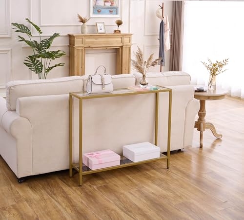 Small Modern Console Table for Entryway, Tempered Glass with Metal Frame Sofa Table for Living Room, Hallway, Office (Double-Layer, Gold) - color: Gold, style: Double-layer
