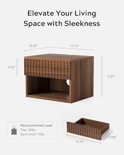 Floating Nightstand Set of 2 with Drawer, Fluted Modern Night Stand with Fluted Door and Open Storage Shelf Wall Mounted Bedside Table for Bedroom, Entryway Brown - color: Brown, size: 2 PCS
