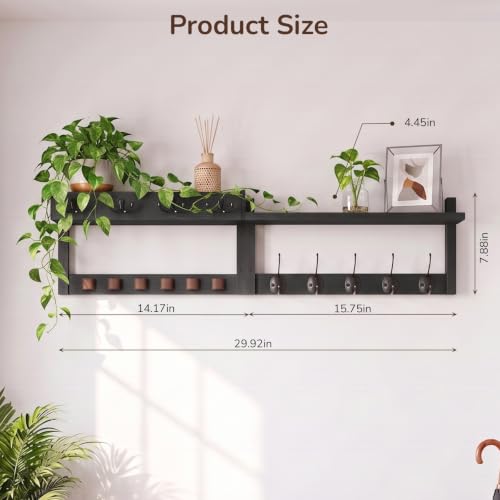 Wooden Key Holder Wall Mount with Shelf, Wall Key Rack and Mail Holder with 9 Key Hooks and 6 Sunglasses Holders, Farmhouse Key Hanger for Entryway Living Room Bedroom, Black - color: Black