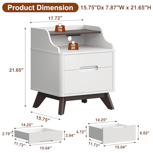 21" Nightstand with Charging Station, Wood Bedside Table w/2 Drawers, White | Large Mid Century End Table with Hidden Handle, Open Storage Shelf, Wood End Table Side Bedside Table for Bedroom, Dorm - color: White, size: Wide (2 drawer)