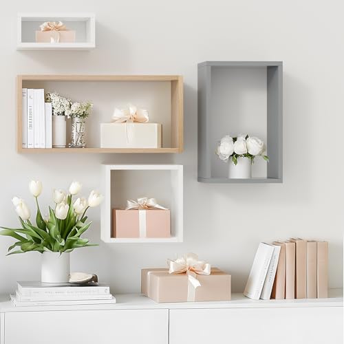 Wall Mount Shelf Set of 4, Floating Cube Shelves for Space Discovery Home and Commercial Use, Large Size Shelves Set, Oak - color: Oak, size: Set4