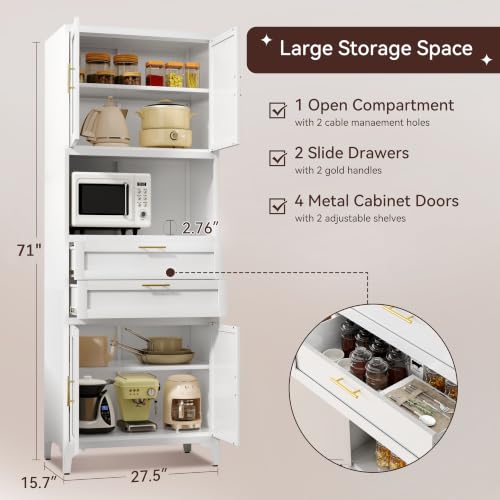 71" Kitchen Pantry Cabinet, Metal Storage Cabinet with 2 Drawers and Adjustable Shelves, Farm Freestanding Cupboard for Kitchen,Office, White - color: White, size: 71"H-MZ