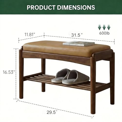 Black Walnut Shoe Bench Assembled, Solid Wood Shoe Rack Bench with Silicone Leather Cushion for Entryway, Living Room, Bedroom, Hallway - color: Brown Cushion, size: 31.5"W