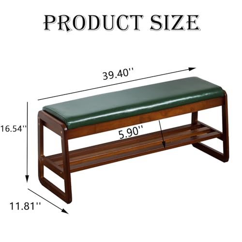 latifolia Solid Wood Bench, Entryway Shoe Bench with Cushion, 2 Tier Shoe Storage Organizer for Hallway, Living Room(Green,39.70''L) - color: Green, size: 39.37''L