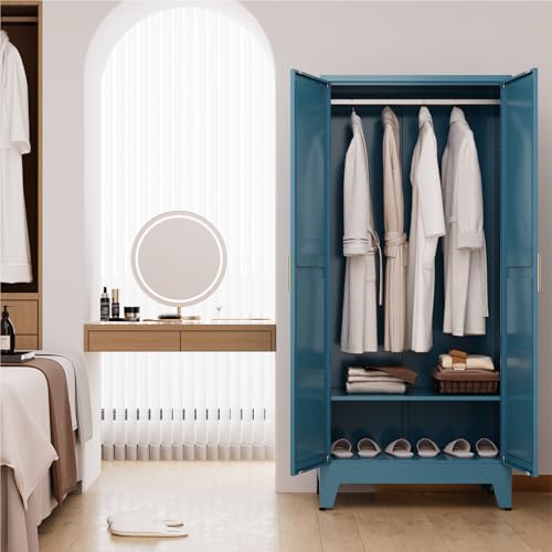71" Tall Metal Armoire Wardrobe Closet with Removable Hanging Rod and Adjustable Shelves,Blue - color: Blue, size: 17.7"D x 31.5"W x 71"H-2