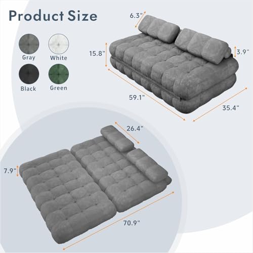 59.1" 3-in-1 Convertible Sofa Bed with Pillows - Grey, Full | Folding Loveseat Sleeper Chair, Portable Fold Out Boneless Couch Lounge, Comfy Velvet Floor Mattress for Living Room Bedroom - color: Grey, size: Full
