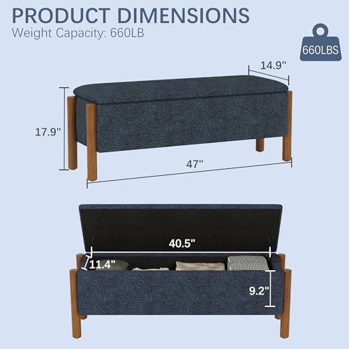 Modern Storage Benches with Walnut Wood Legs, 47'' Ottoman Bench with 20 Gallons Storage Space for Bedroom End of Bed, Fabric Upholstered Entryway Bench with Seating for Livingroom, Blue - color: Blue