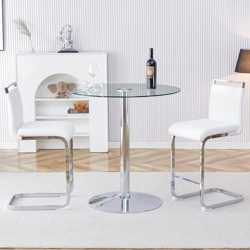 gopop 3 Piece Dining Table Set for 2, Modern Round Glass Counter Height Pub Table, Compact High Top with Bar Stools Pub Dining Set for Kitchen, Breakfast Room, Dining Room. (White, 3 Piece) - color: White