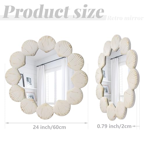 Round Wall Mirror,24" Circle Shell Coastal Wave Bathroom Decor Mirror | Wood Rustic Farmhouse White Seashell Mirror for Bedroom,Vanity,Entryway,Hallway - size: 24"L x 24"W