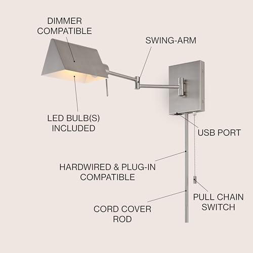JONATHAN Y Arlo 22" 1-Light Metal Swing Arm Wall Sconce, Nickel | Plug-In Or Hardwired, USB Charging Port, Pull Chain, Industrial Farmhouse Design, Adjustable Head, LED Bulb Included - color: Nickel, size: 1-Light