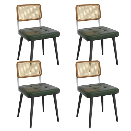 Garvee Rattan Dining Chairs Set of 4, Upholstered Dining Room Chairs with Rattan Backrest, Armless Side Chairs for Kitchen Living Room, Restaurant, PU Leather, Dark Green | Upholstered Kitchen Chairs with Rattan Backrest, Armless Side Chairs for Kitchen,