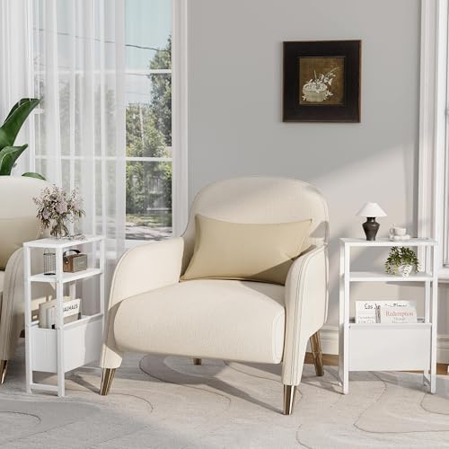 Narrow Side Table, Slim End Table with Magazine Rack, Skinny Bedside Table for Small Spaces, 3 Tier Sofa Couch Table Nightstand for Living Room, Bedroom, White LET503W - color: White, style: No Charging Station