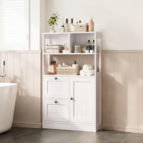 GRUSIGN Bathroom Storage Cabinet with Door and Drawers, Small Freestanding Bathroom Cabinet Organizer, Farmhouse Wooden Cupboard with Adjustable Shelves for Kitchen, Living Room, White - size: 34"H with Drawers