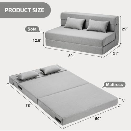 SUYOLS Folding Sofa Bed with Pillows- Convertible Chair Floor Couch & Sleeping Mattress, Foldable Memory Foam Sleeper for Living Room/Dorm/Guest Room/Home Office/Apartment/Loft, Full, Light Gray - color: Light Gray, size: Full
