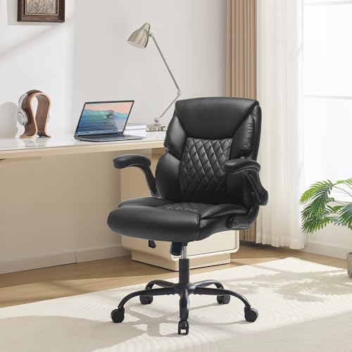 Leather Executive Office Chair - Comfy Black Desk Chair Small Space | Desk Chair with Mid Backrest,5 Wheels,Mid Backrest,Lumbar Support, Height Adjustable,home office reading Gaming Use - color: Black