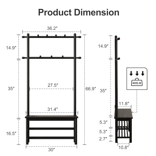 AQIMUELE Coat Rack with Shoe Storage, Wooden Hall Tree with Bench, 11 Hooks and 2-Tier Storage Shelves, 3-in-1, Entryway Bench with Coat Rack (31.5"-Deep Black) - color: Black, size: 31.5"