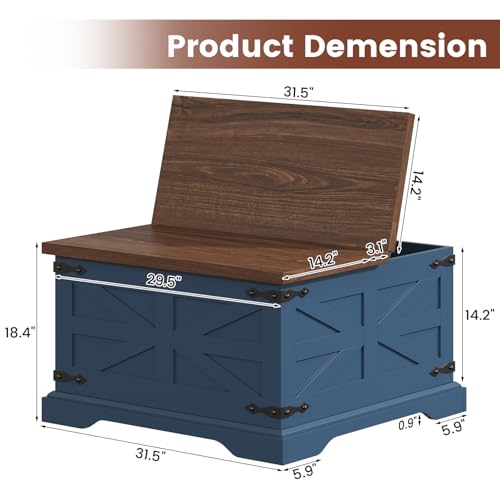 VVFLU Blue Coffee Table with Storage, Farmhouse Square Center Table with Walnut Top for Living Room, Hinged Lift Soft Close, Large Hidden Storage, Modern Metal Corner, Blue Wood - color: Blue Wood