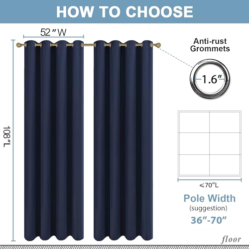 Diraysid Navy Blue Grommet Blackout Curtains for Bedroom Thermal Insulated Room Darkening Curtains Drapes, 52 x 108 inch, 2 Panels - color: Navy Blue, size: 52"W x 108"L (Pack of 2)