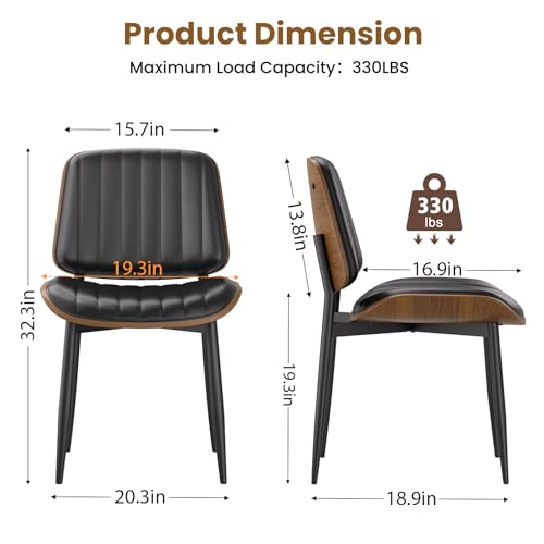 YaFiti Mid Century Dining Chairs with Walnut Bentwood, Set of 2, Black | Ergonomic Walnut Backrest, Upholstered Waterproof PU Leather Seat, Stable Metal Legs, Adjustable Footpads, Apartment Friendly - color: Black Pinstripe
