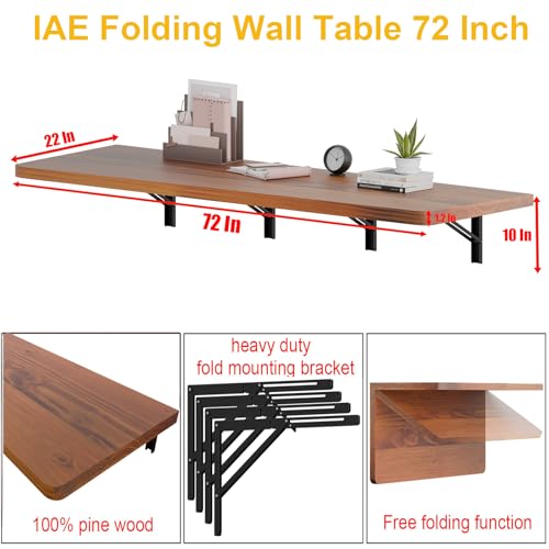 IAE Floating Wall Mounted Folding Table Desk with Pine Wood,72x22in, Teak | Foldable Workbench,Fold Down Wall Mounted Foldable Desk with Shelf Brackets,Laundry Folding Table for Home,Dining,Kitchen - color: Teak, size: 72*22*10 Inch