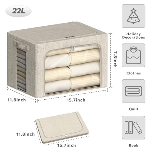 4 Pack Clothes Storage Bins with Metal Frame - 22L Stackable Storage Box with Lid,Foldable Storage Container Organizer for Clothes,Linen Fabric Storage Box with Clear Window&Zippers&Handles - color: Beige, size: 22L