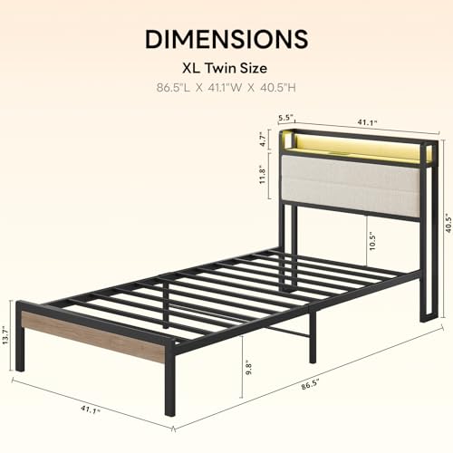 LIKIMIO Twin XL Bed Frame with Headboard, LED Lights and Charging Station | Upholstered sherpa storage headboard with LED & charger; heavy-duty slats; noise-free; modern elegance; natural and cream - color: Natural and Cream, size: Twin XL