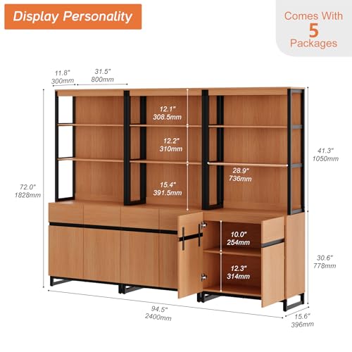 WAMPAT 3 PCS Modern 72" Tall Bookshelf with Metal Base and Adjustable Shelves, Library Bookcase with Storage Cabinet and Open Book Shelfs, Wood Bookshelves for Home Office, Living Room, Mocha - color: Mocha-a, size: 3 PCS