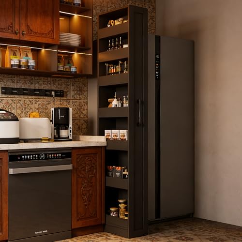 Tall Narrow Storage Cabinet, 71 Inch Tall, 8 Inch Wide, Black | 7-Shelf Slim Pull-Out Organizer with Wheels for Small Spaces, Kitchen, Bathroom, Laundry Room and Narrow Gaps - color: D-black