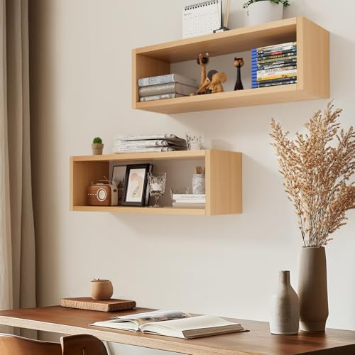 24in Floating Cube Shelves Set of 2, Display Shelves Wall Mount, Decorative Hanging Shelves for Kitchen Living Room Office,(Light Walnut, Rectangle 2 Cubes) - color: Light Walnut, size: Rectangle-Set2